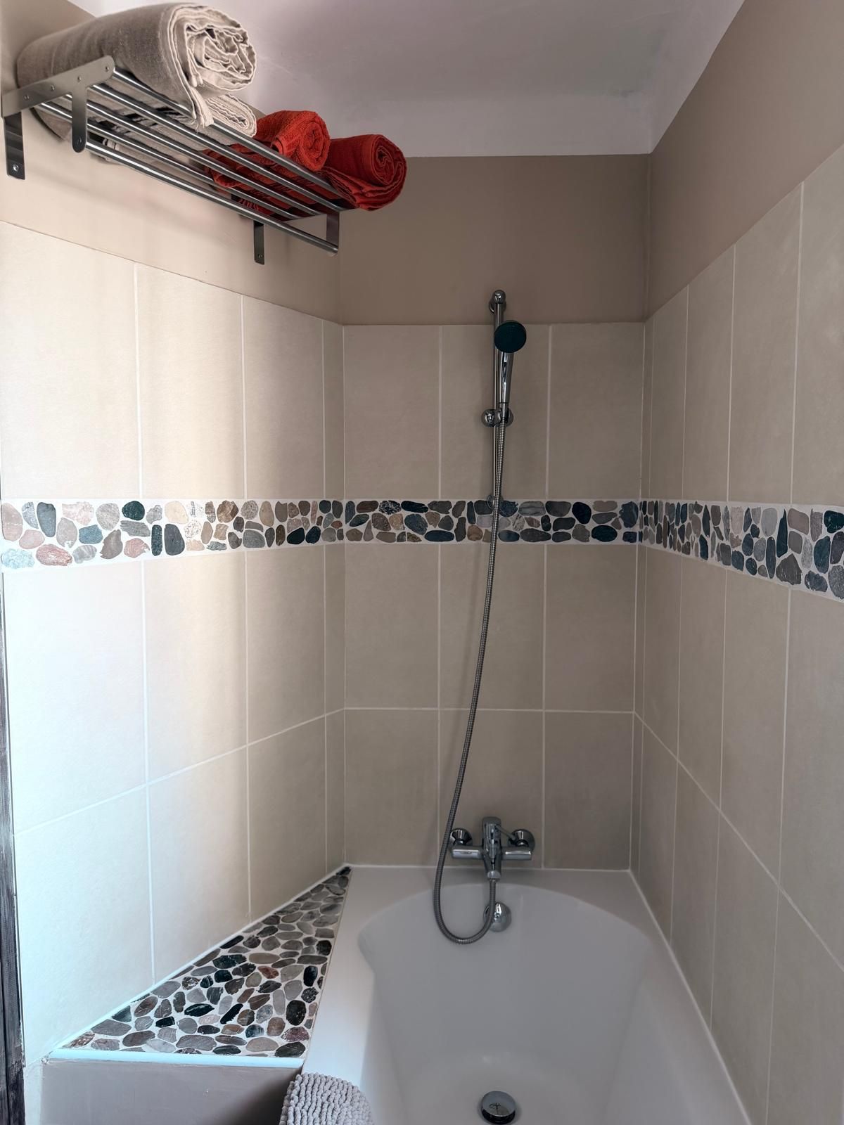 Une salle de bain avec une douche, un porte-serviettes et une baignoire.