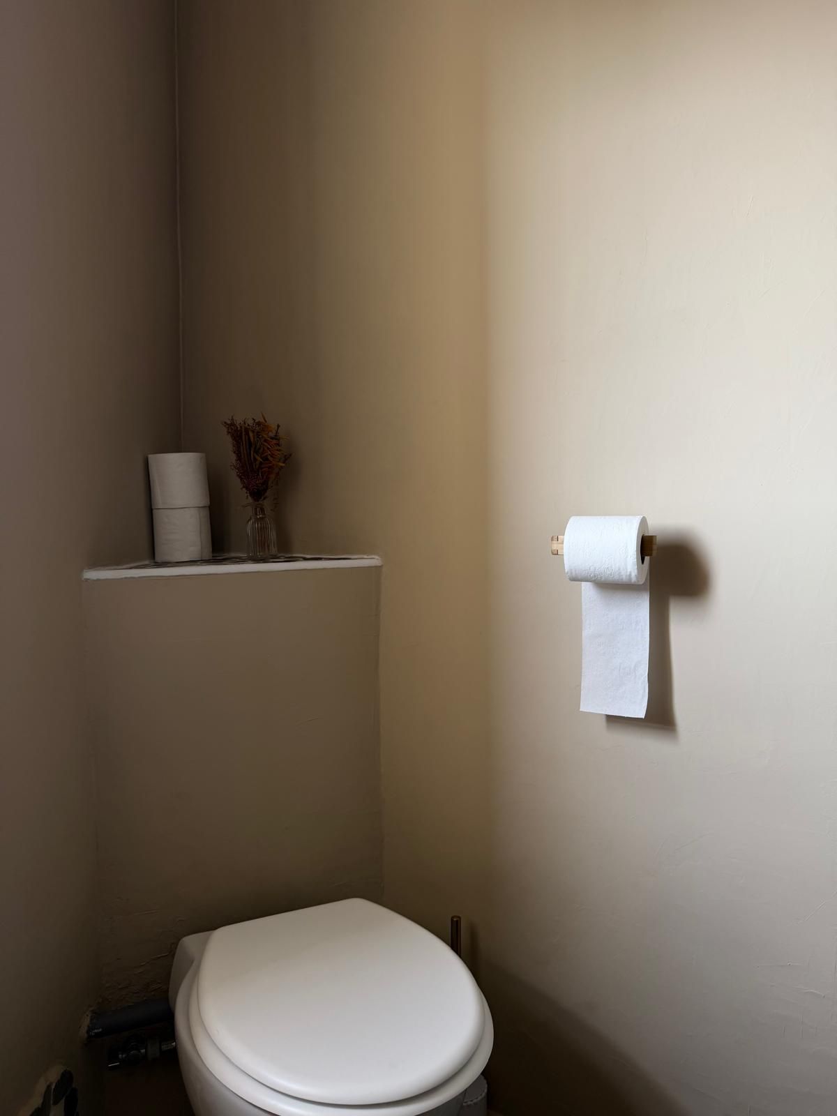 A small bathroom with a toilet, a shelf with a vase, and a roll of toilet paper on the wall.
