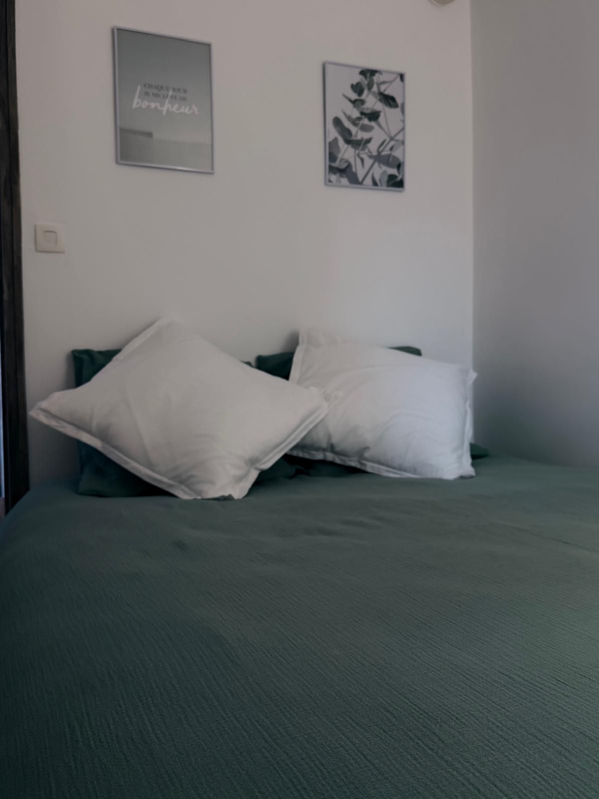 A bed with a green cover and two white pillows, a framed quote on the wall, and a framed plant illustration.