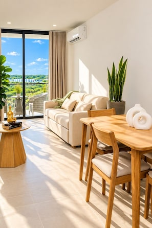 Un salon moderne avec un canapé, une table à manger et des chaises. On y trouve une plante en pot et une petite table sur laquelle sont posés des livres et un objet décoratif. La pièce est dotée d’une grande fenêtre offrant une vue sur la verdure et les bâtiments.