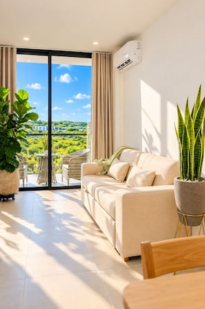A modern living room with a sofa, a dining table, and a potted plant. - Morros Park. Exclusive Beach & Nature Retreat (Bolívar)