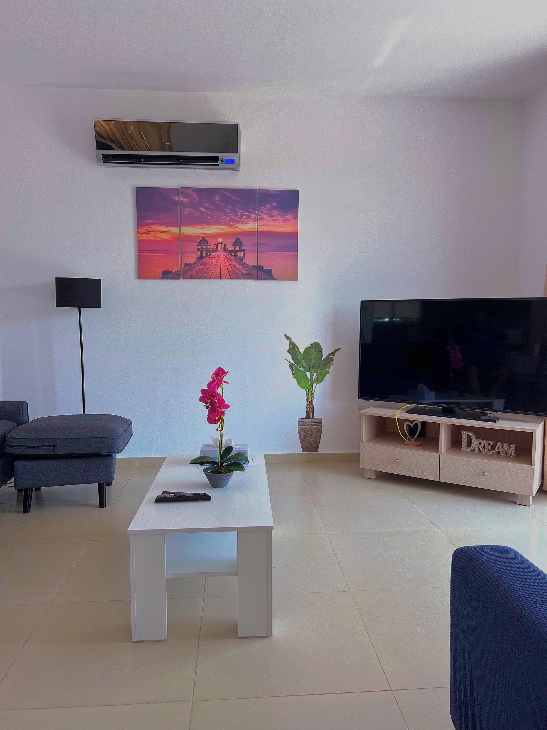 A living room with a flat-screen TV, a white coffee table with a potted plant, a sofa, and a painting of a sunset.