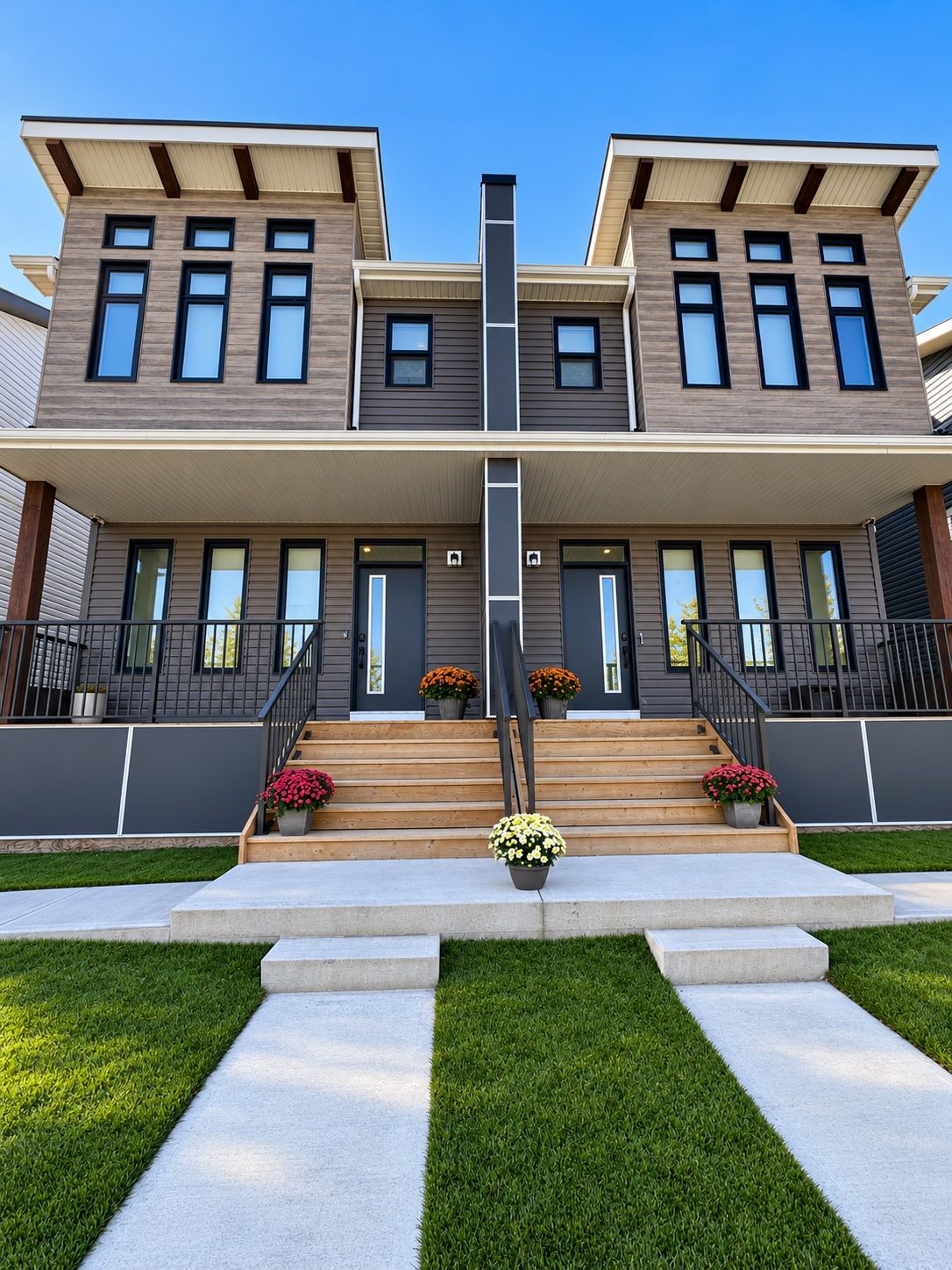 A two-story residential building with a central staircase, large windows, and a flat roof.