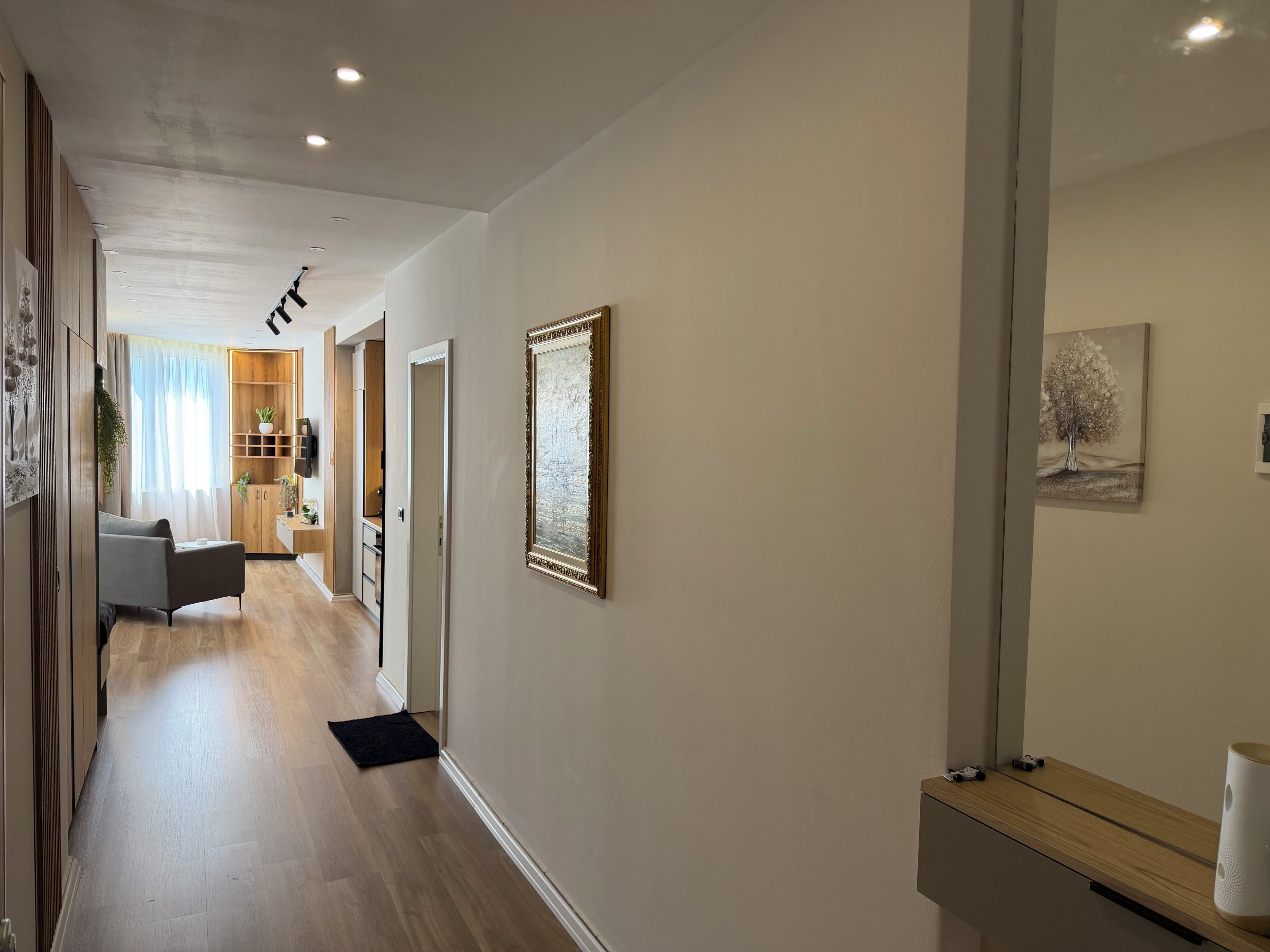 A hallway with a wooden floor, a black rug, a white door, and a framed picture on the wall.