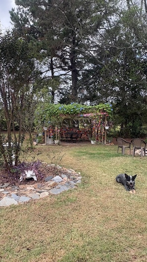 A garden with a pergola covered in climbing plants, a stone pathway, and a dog lying on the grass. - Let the Kids & Dogs play While you relax! 2Br/1B, Close to i20 & town (Kilgore)