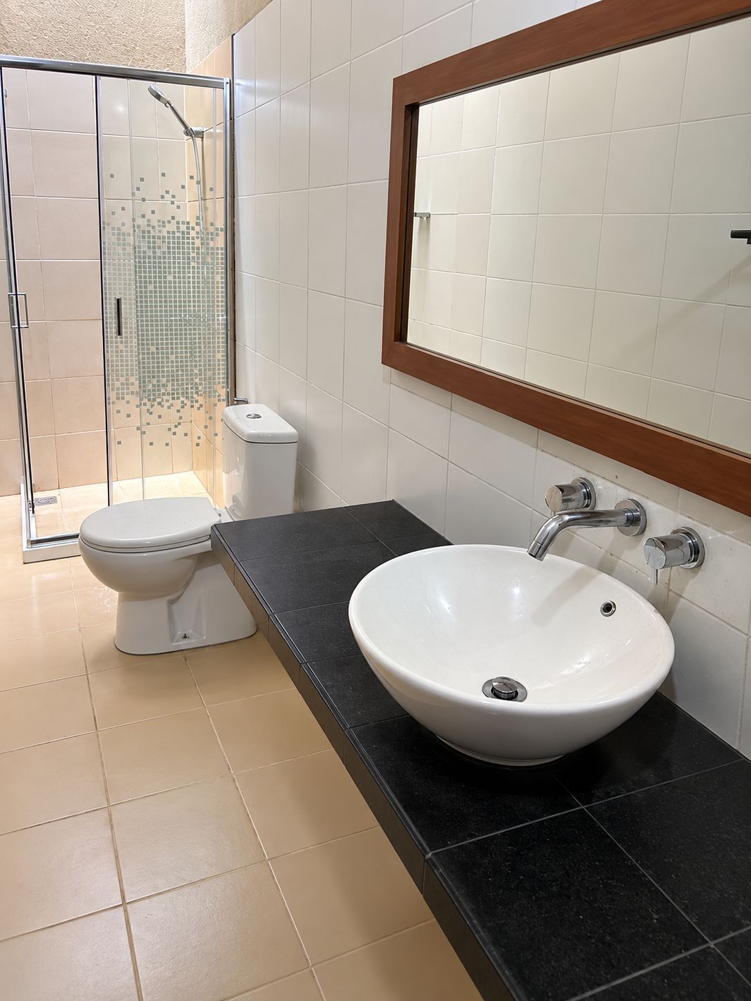 Een badkamer met toilet, wastafel en douche.