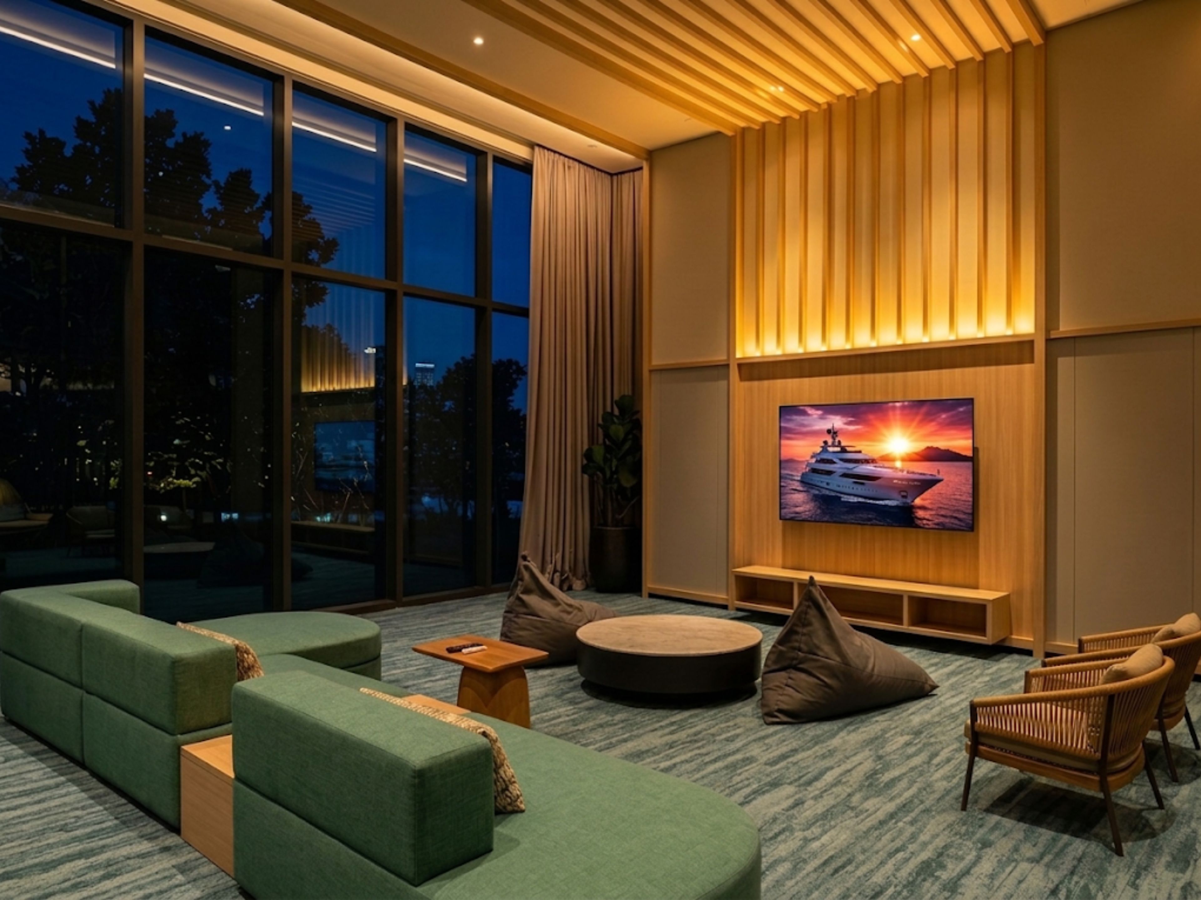 Una sala de estar moderna con un televisor grande, sofás verdes, una mesa de centro y vistas al exterior.