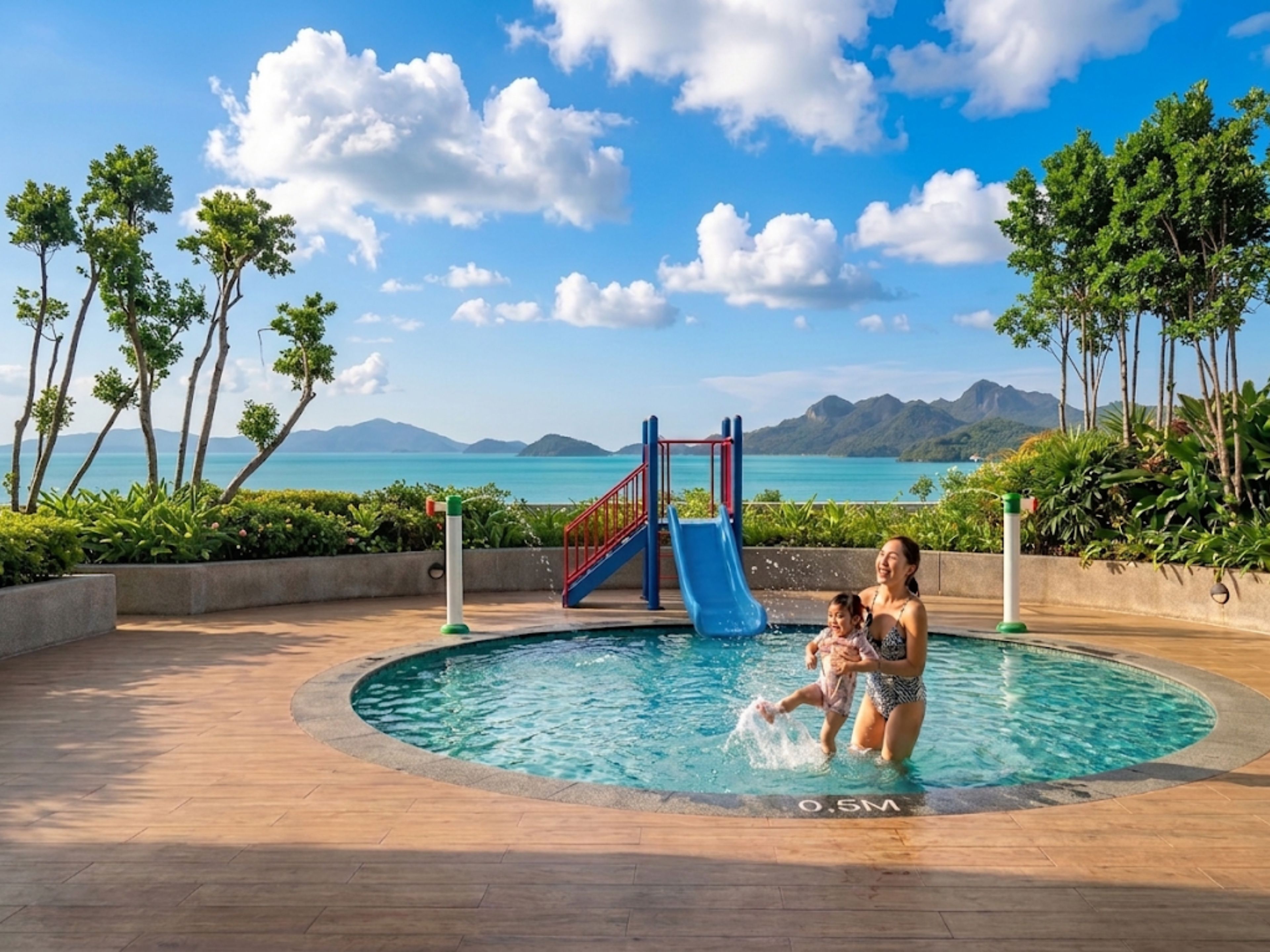 Una piscina con tobogán, rodeada de palmeras y vistas al mar.