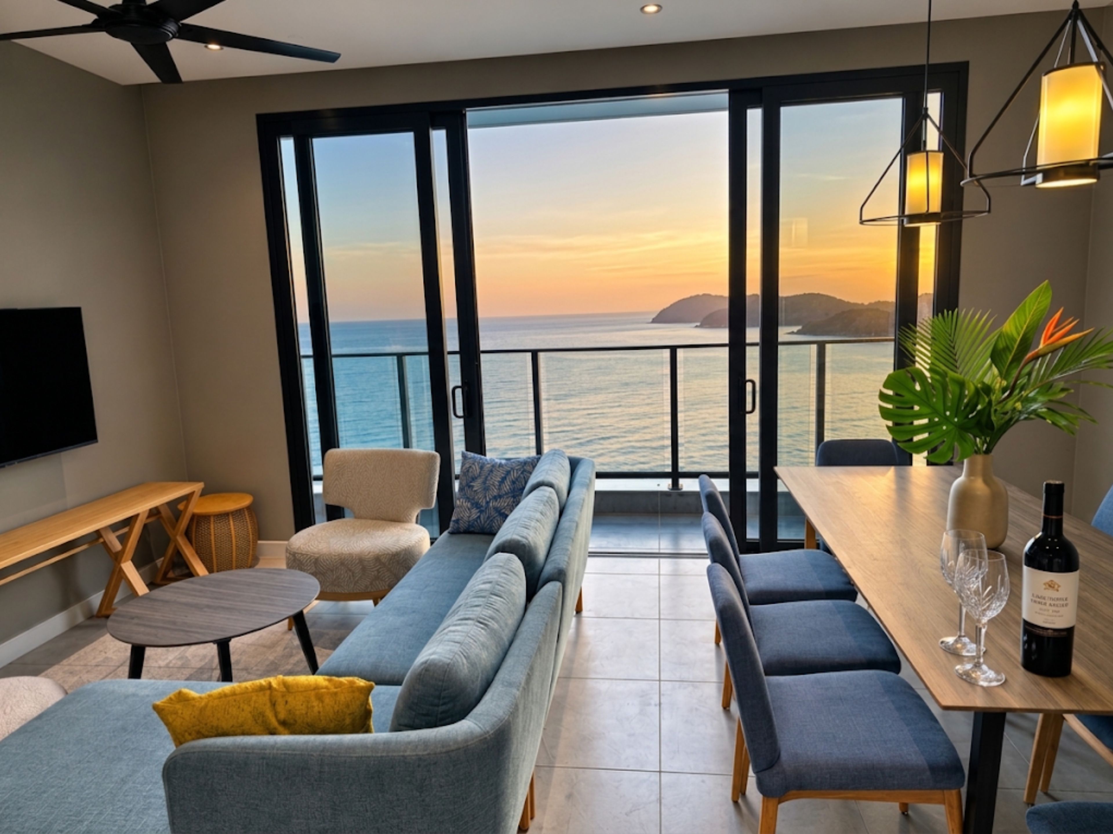 Una sala de estar moderna con sofá, sillas, una mesa de comedor y vista al mar al atardecer.