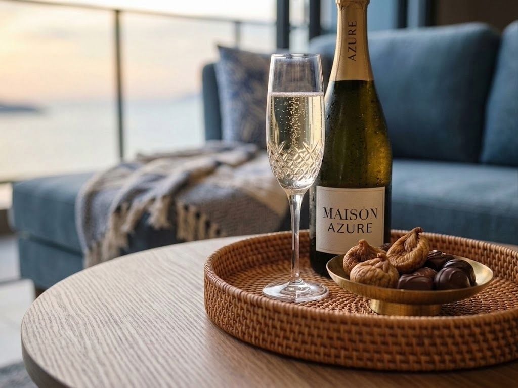 Une bouteille de champagne Maison Azure, un verre de champagne et un bol de noix sur un plateau en osier.