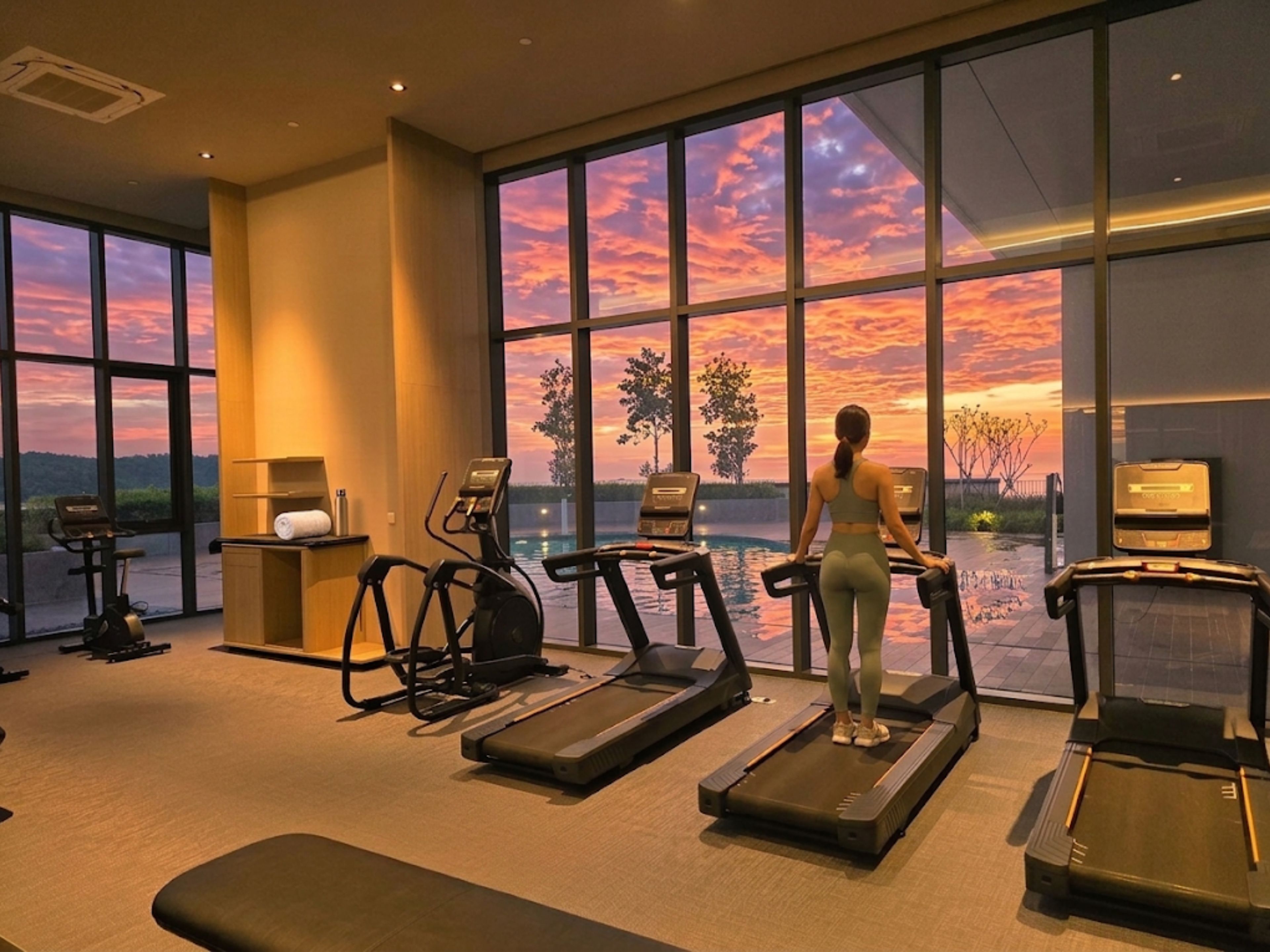Un gimnasio con cintas de correr, bicicletas estáticas y una banca, con vistas a una puesta de sol a través de amplios ventanales.