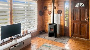 Una habitación acogedora con detalles de madera, un televisor sobre un mueble bajo, una chimenea y una puerta con un ventanal.