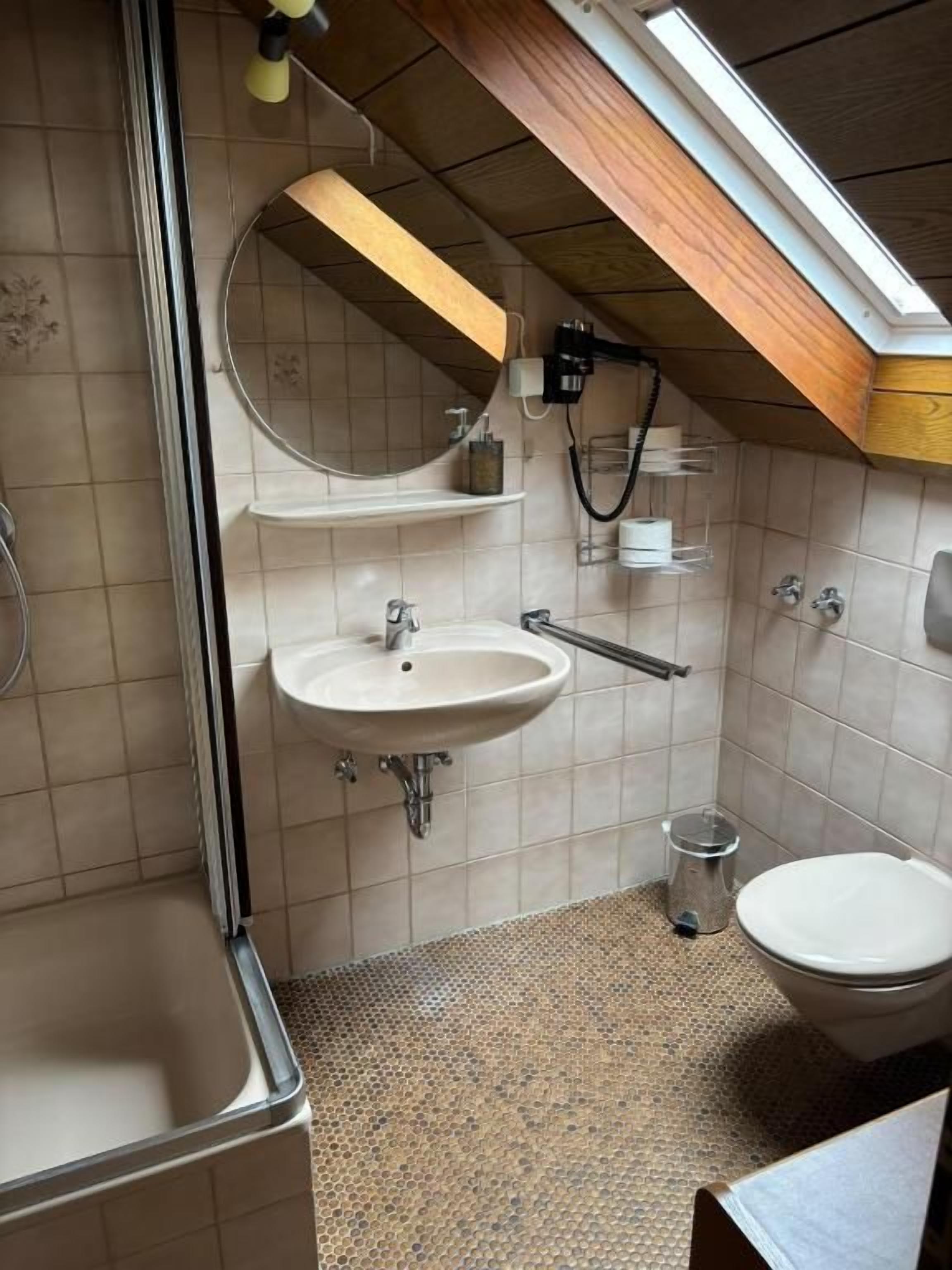 A bathroom with a skylight, a sink, a toilet, and a shower.