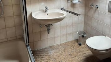 A bathroom with a skylight, a sink, a toilet, and a shower.