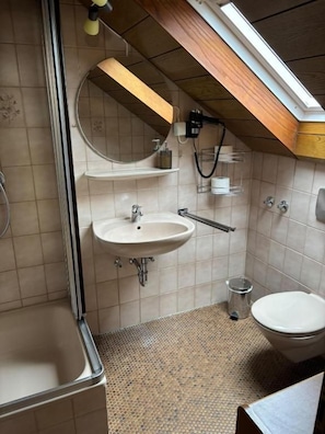 Un baño con tragaluz, lavamanos, inodoro y ducha.