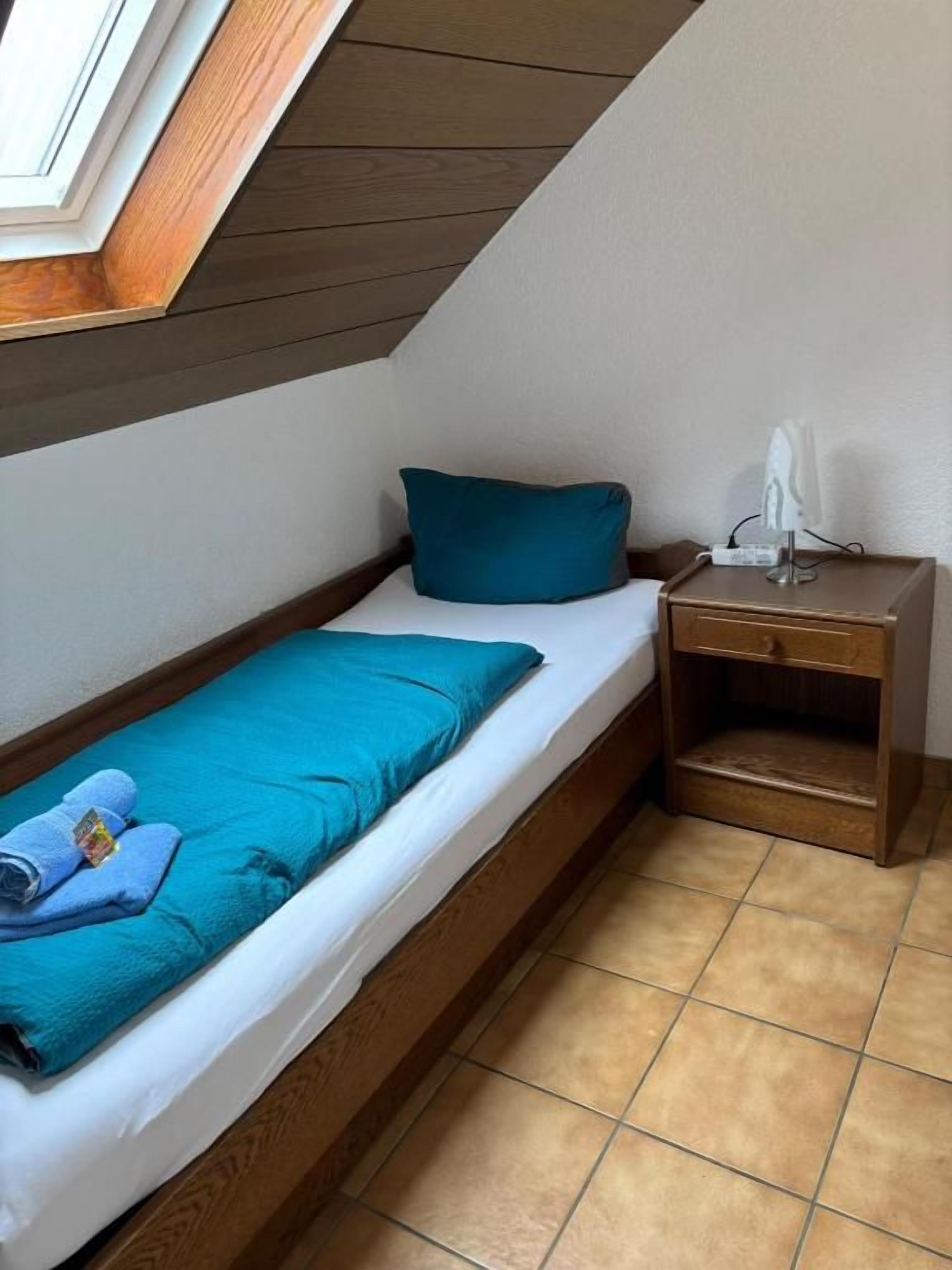 A single bed with a blue pillow and a white blanket, a wooden nightstand with a lamp, and a skylight above.