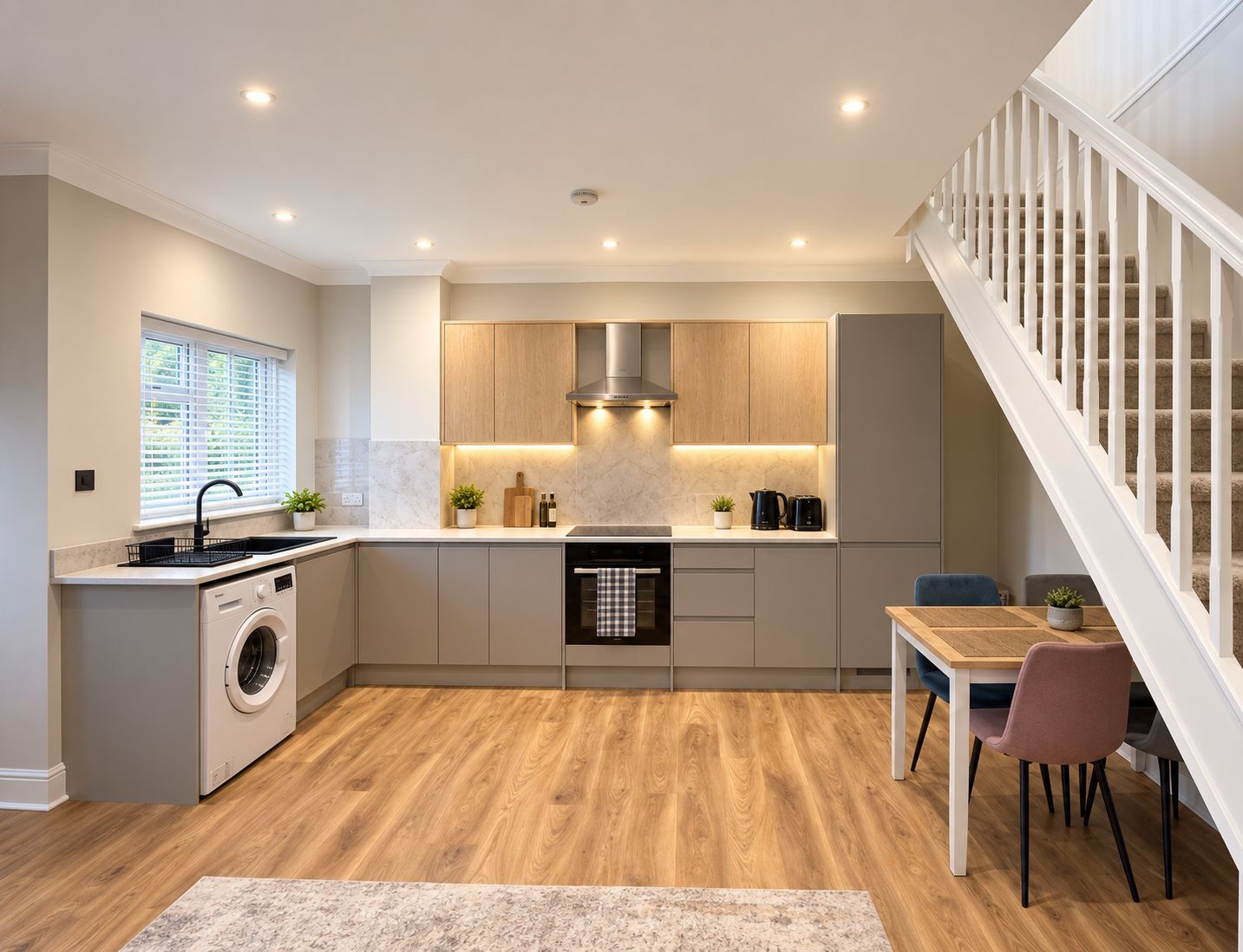 A modern kitchen with built-in appliances, a dining area with a table and chairs, and a staircase with a railing.