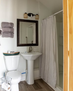 A bathroom with a toilet, sink, and shower curtain.