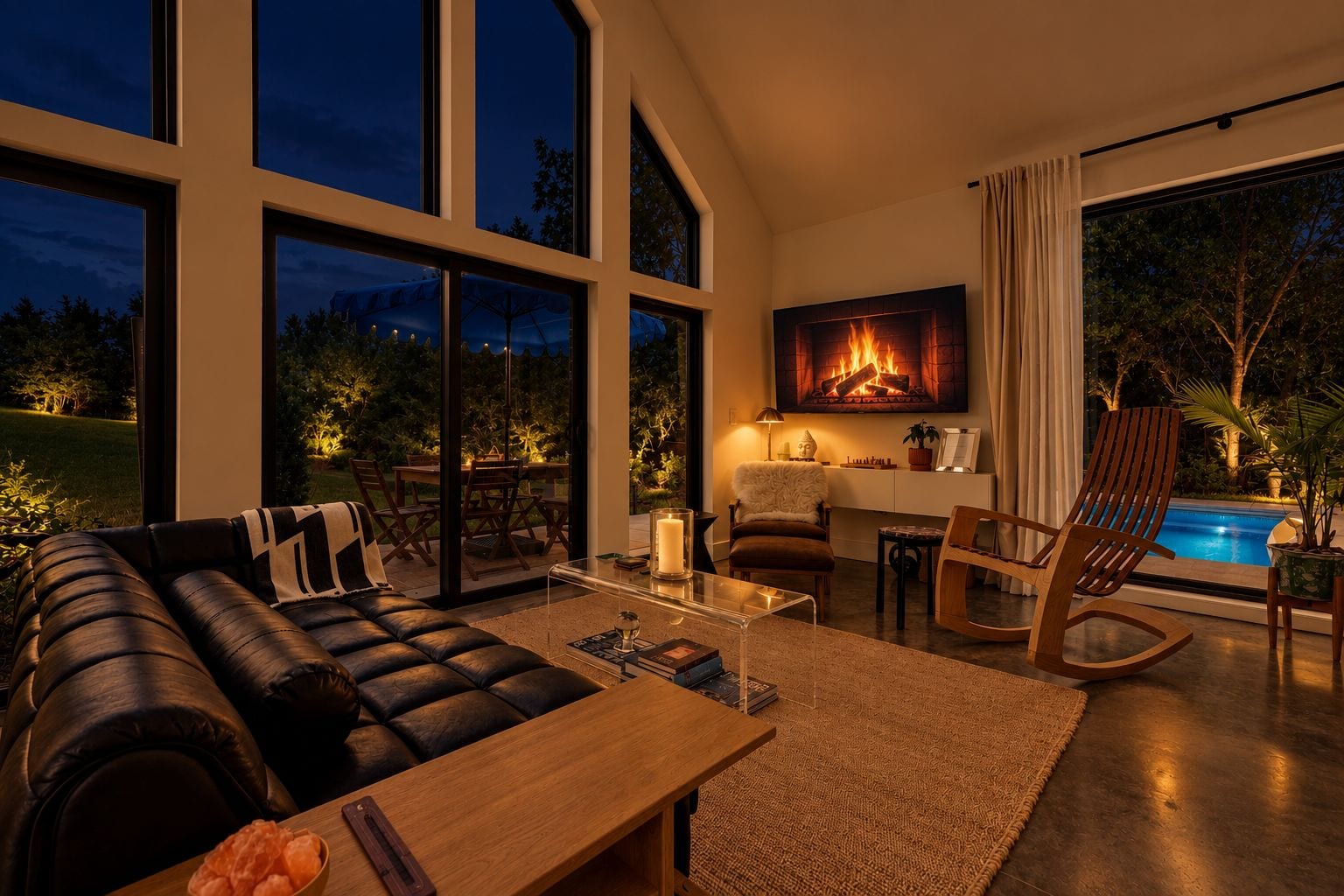 A modern living room with a fireplace, a pool, and a large window overlooking a garden.
