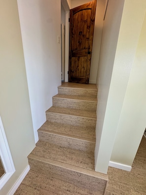 A carpeted staircase leading to a wooden door. - Ocean View 3-brm House w/ Sauna, Fireplace & EV Charging (Hermosa Beach)