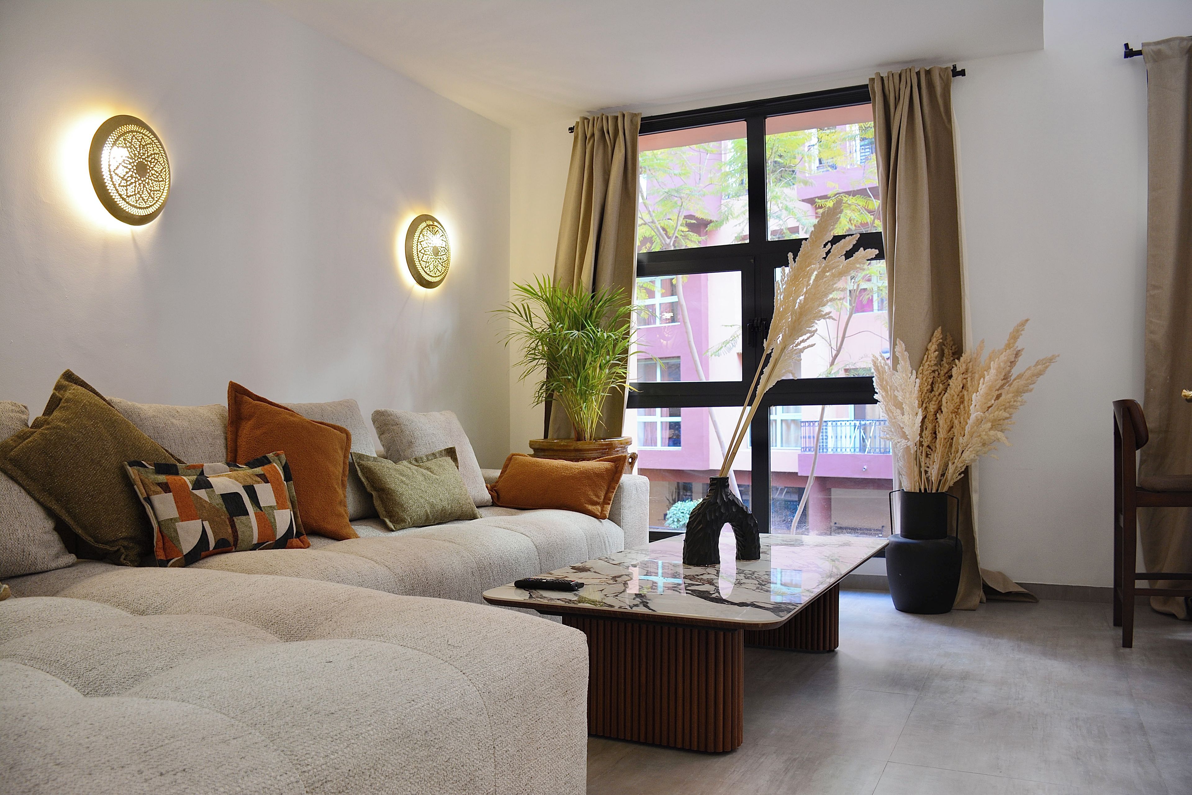 A modern living room with a sofa, a coffee table, and a potted plant.