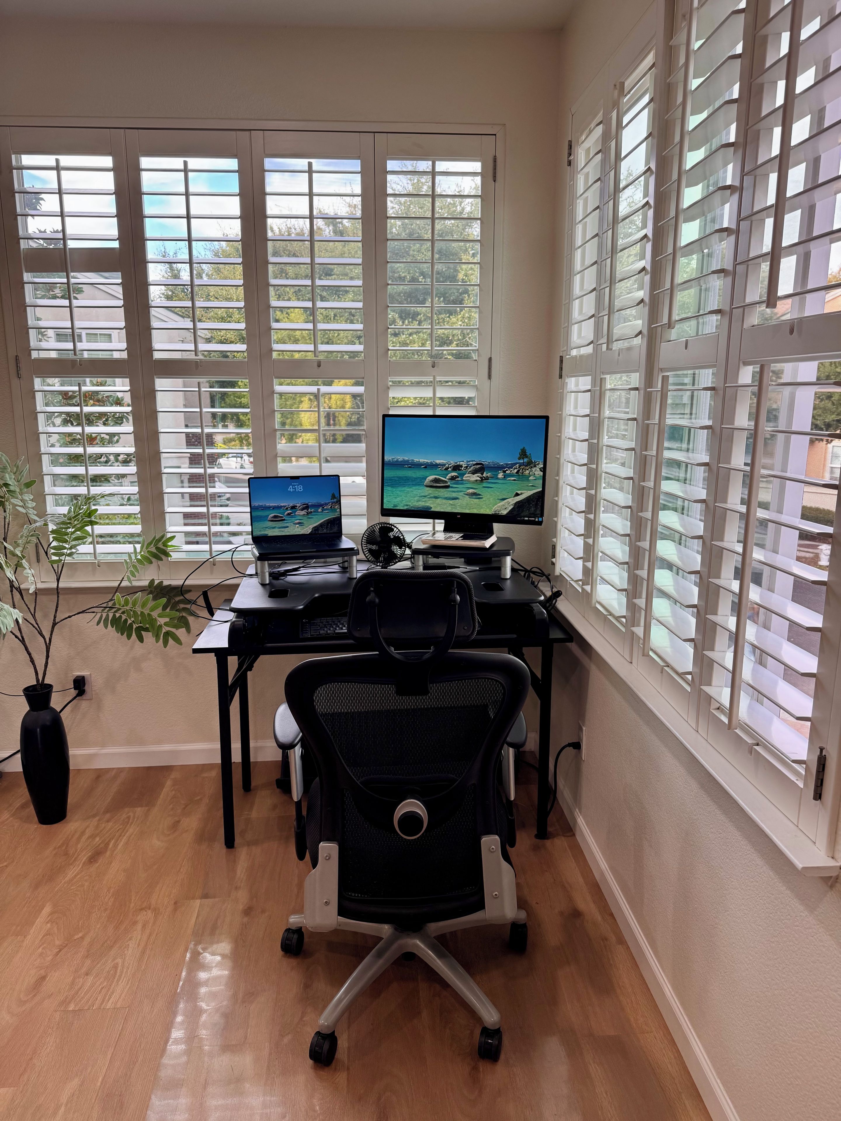 Un bureau à domicile équipé de deux écrans, d’un bureau, d’une chaise et offrant une vue dégagée grâce à de grandes fenêtres.
