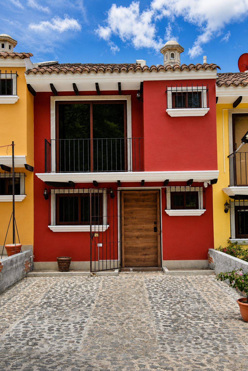 A two-story building with a red facade, a wooden door, and a balcony with metal railings.