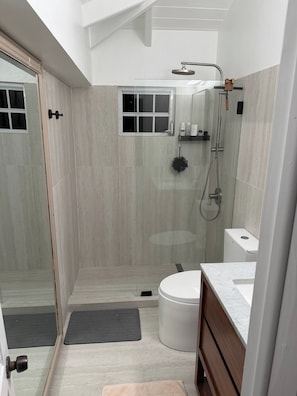 Un baño moderno con cabina de ducha, inodoro y tocador con encimera de mármol.