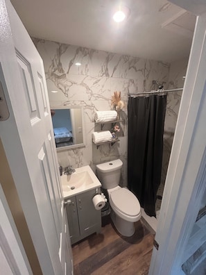A bathroom with a marble backsplash, a toilet, a sink, and a shower curtain. - More than just a place to rest. (Tampa)