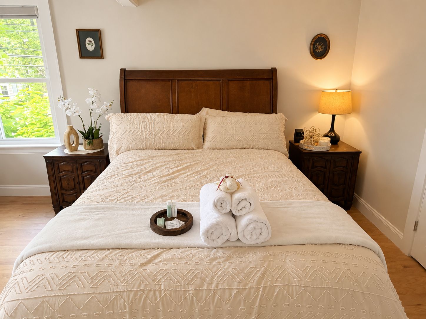 A neatly made bed with a patterned bedspread, two pillows, and a bedside table with a lamp and decorative items.