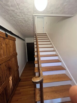 A wooden staircase with white risers leading to a door at the top.