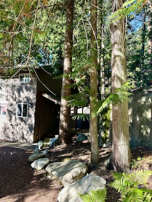 A wooden cabin with a porch, surrounded by large trees and a stone pathway. - The Chalet on Lopez: it's peaceful! (Lopez Island)