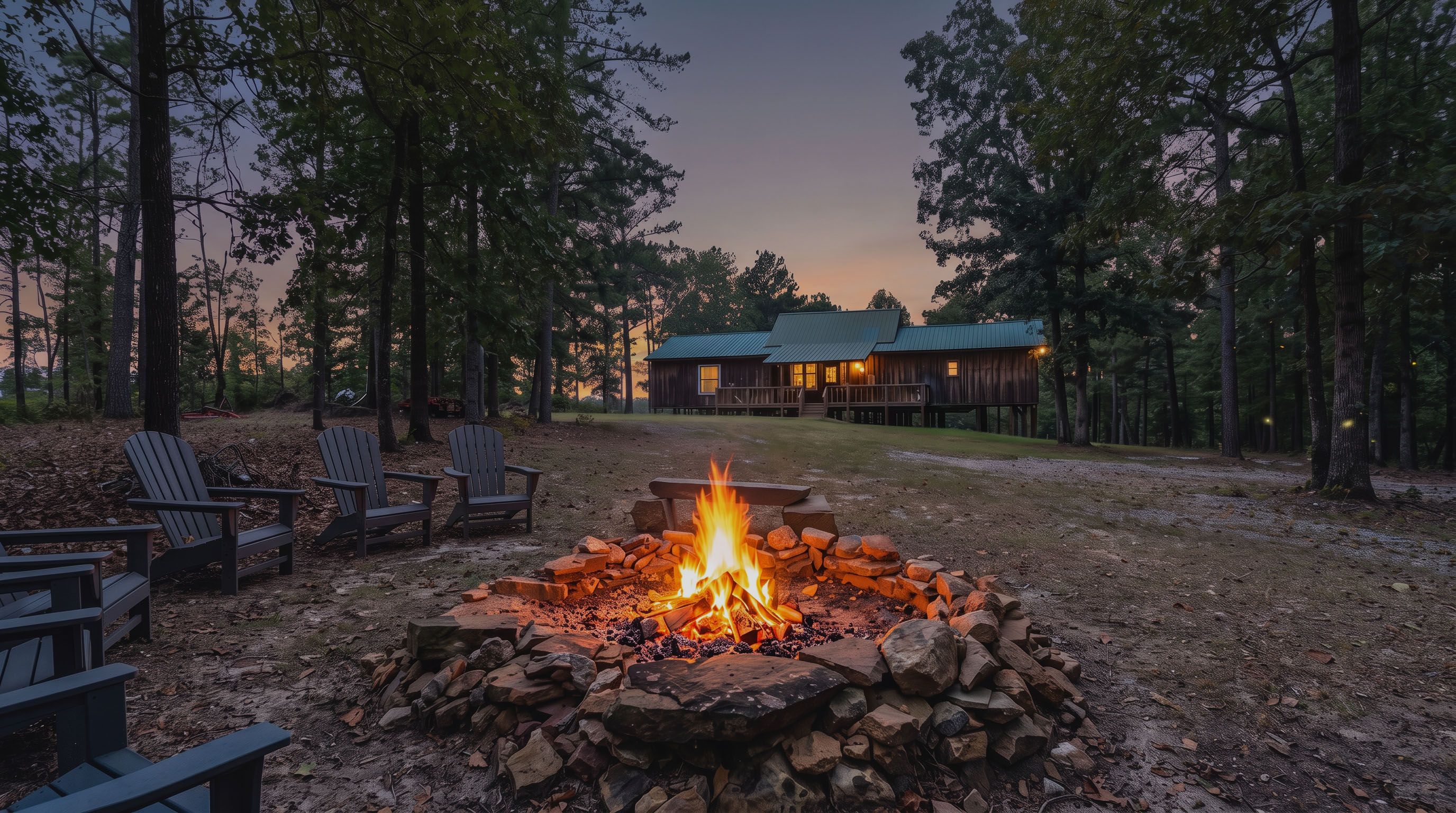 A cabin with a fire pit in the foreground, surrounded by Adirondack chairs, set in a forested area.
