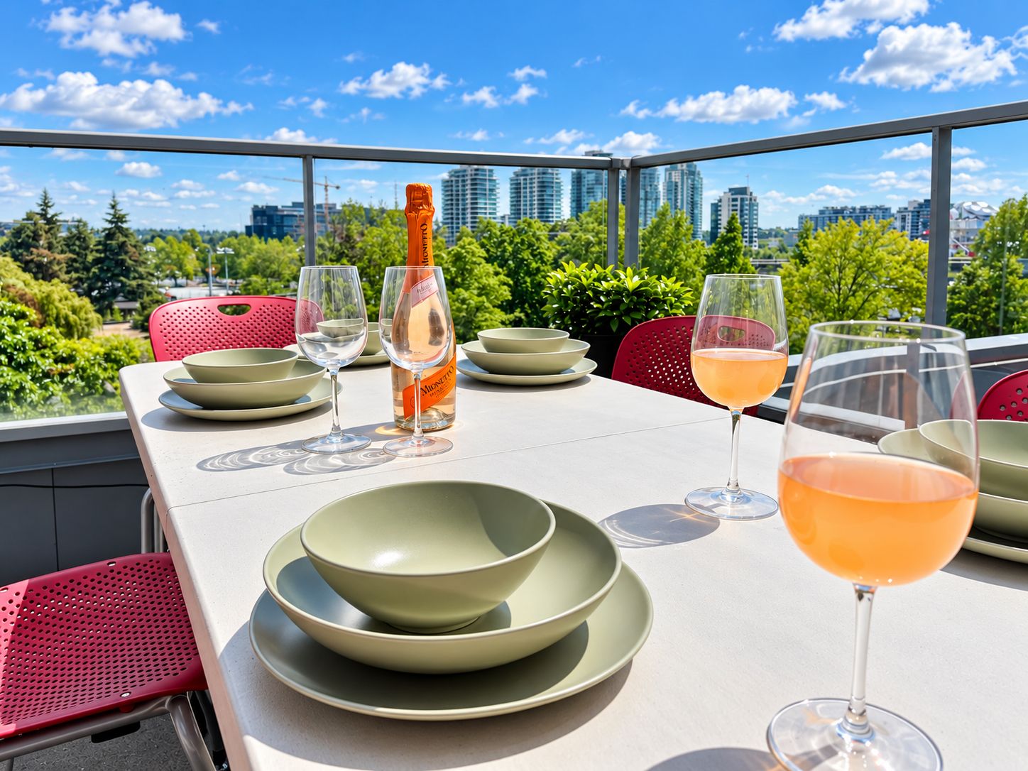 A table set for dining with a bottle of wine, glasses, and bowls, overlooking a cityscape.