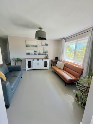 Ett vardagsrum med en brun lädersoffa, en blå soffa, ett vitt skåp med svarta handtag och en hängande lampa.
