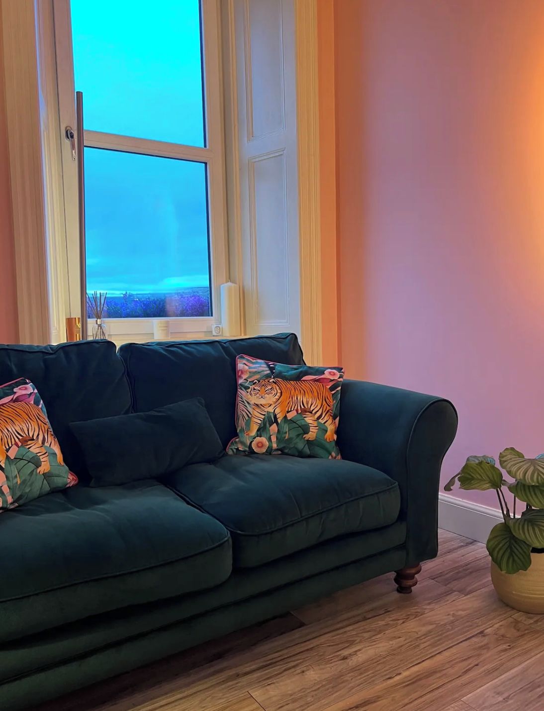 Ein dunkelgrünes Sofa mit Kissen in Blumen- und Tigeroptik, vor einem Fenster mit Blick auf eine Landschaft.