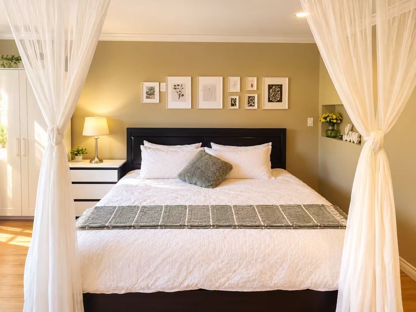 Ein ordentlich bezogenes Bett mit weißer Bettdecke und Kissen, ein Nachttisch mit Lampe sowie eine Wand mit gerahmten Bildern.