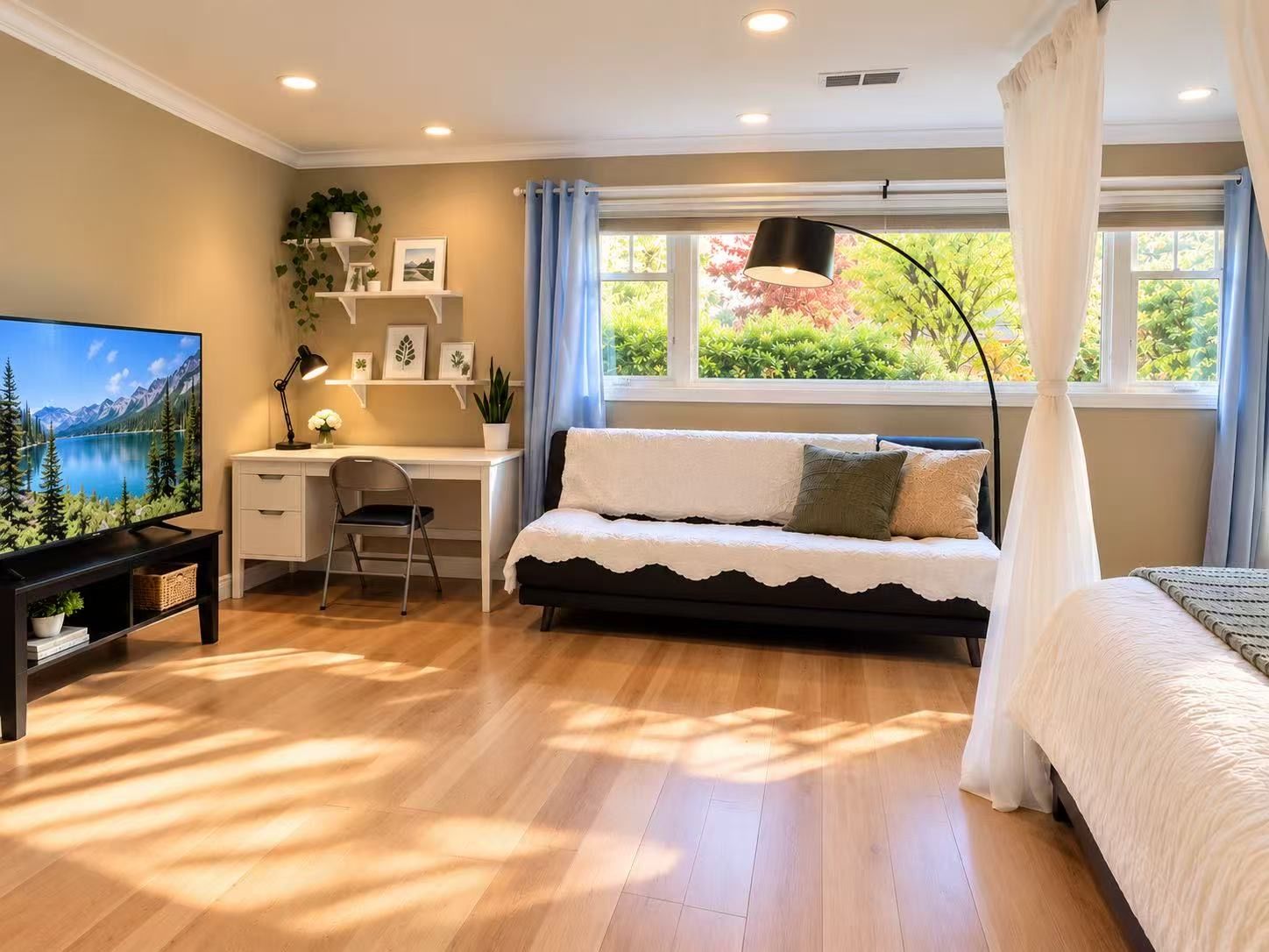 A bedroom with a bed, a desk, a chair, a television, and a window with curtains.