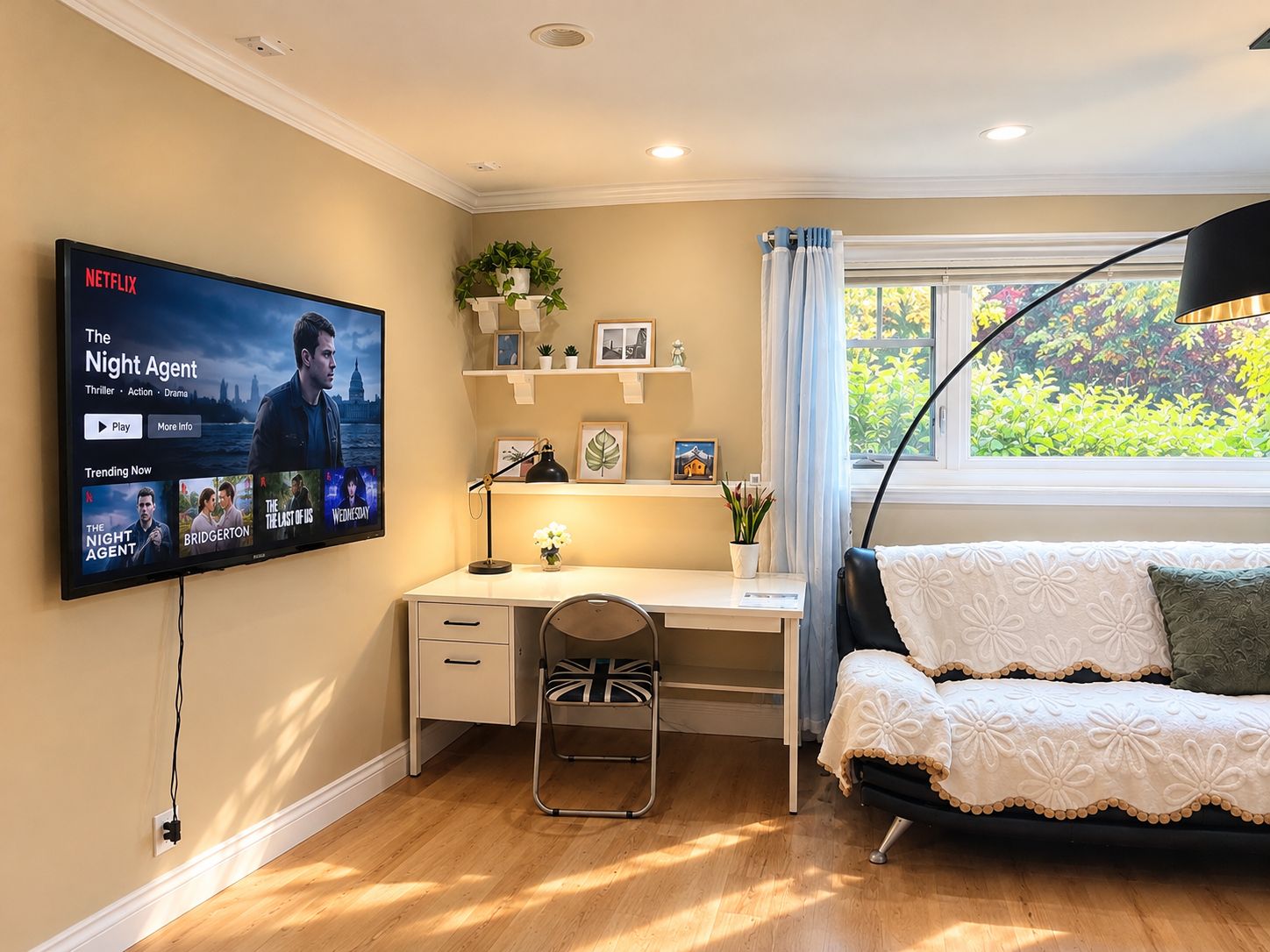 A room with a desk, chair, and a couch. A television mounted on the wall displays a Netflix show.
