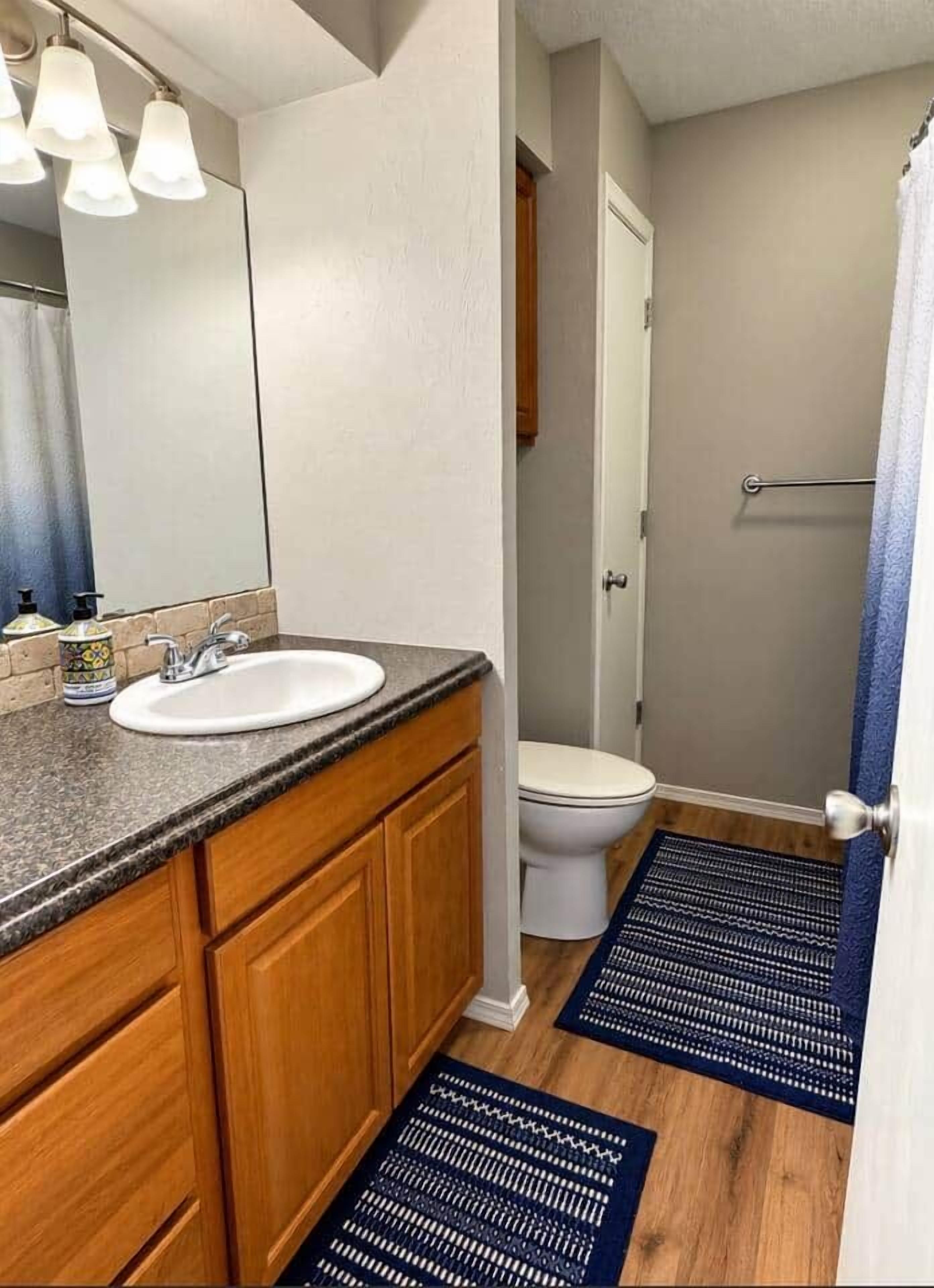 A bathroom with a sink, toilet, and shower area.