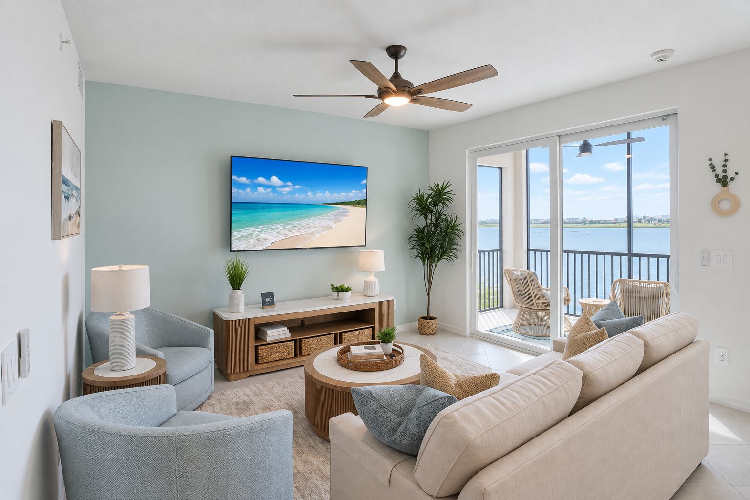 A modern living room with a large window, a ceiling fan, and a view of the beach.
