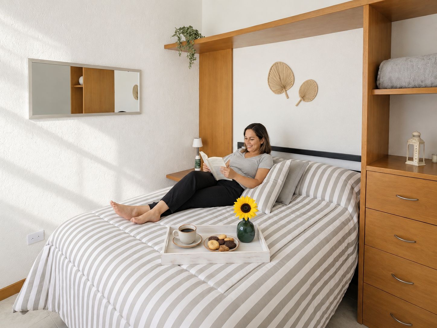 A bedroom with a bed, a bedside table with a lamp, a nightstand, a mirror, and a shelf with decorative items.