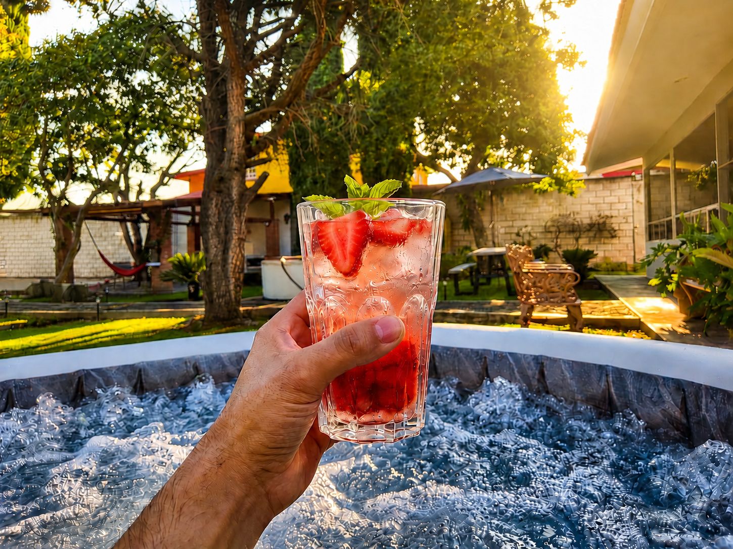Une main tenant un verre contenant une boisson rouge, des glaçons et une fraise, avec un jacuzzi au premier plan et un espace patio en arrière-plan.