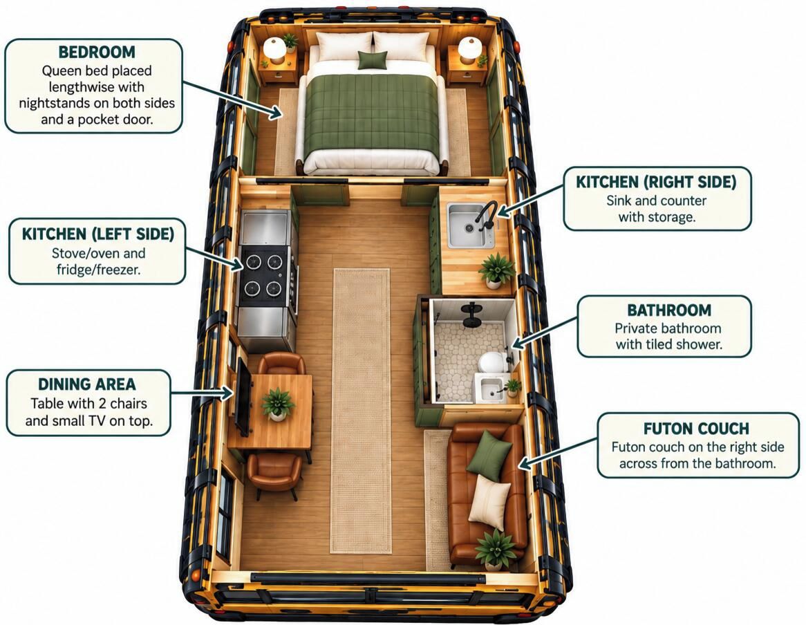 A compact RV interior with a bedroom, two kitchens, a dining area, a bathroom, and a futon couch.