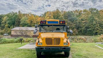 A yellow school bus parked on grass with trees and a building in the background.