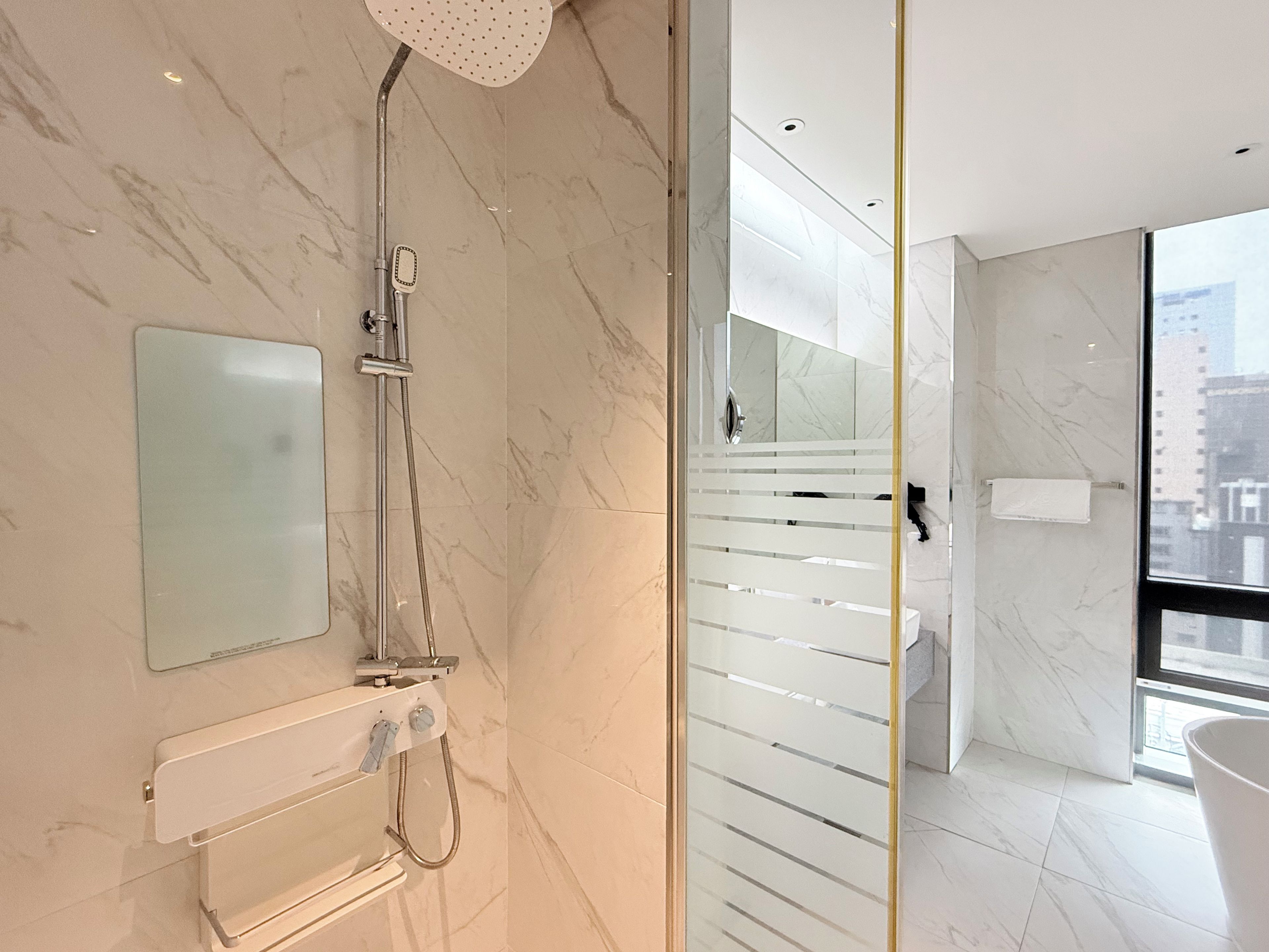 A modern bathroom with a glass shower enclosure, a towel rack, and a large mirror.