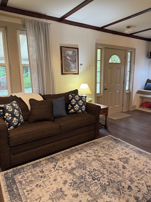 A living room with a brown sofa, patterned cushions, a rug, a lamp, and a painting on the wall.