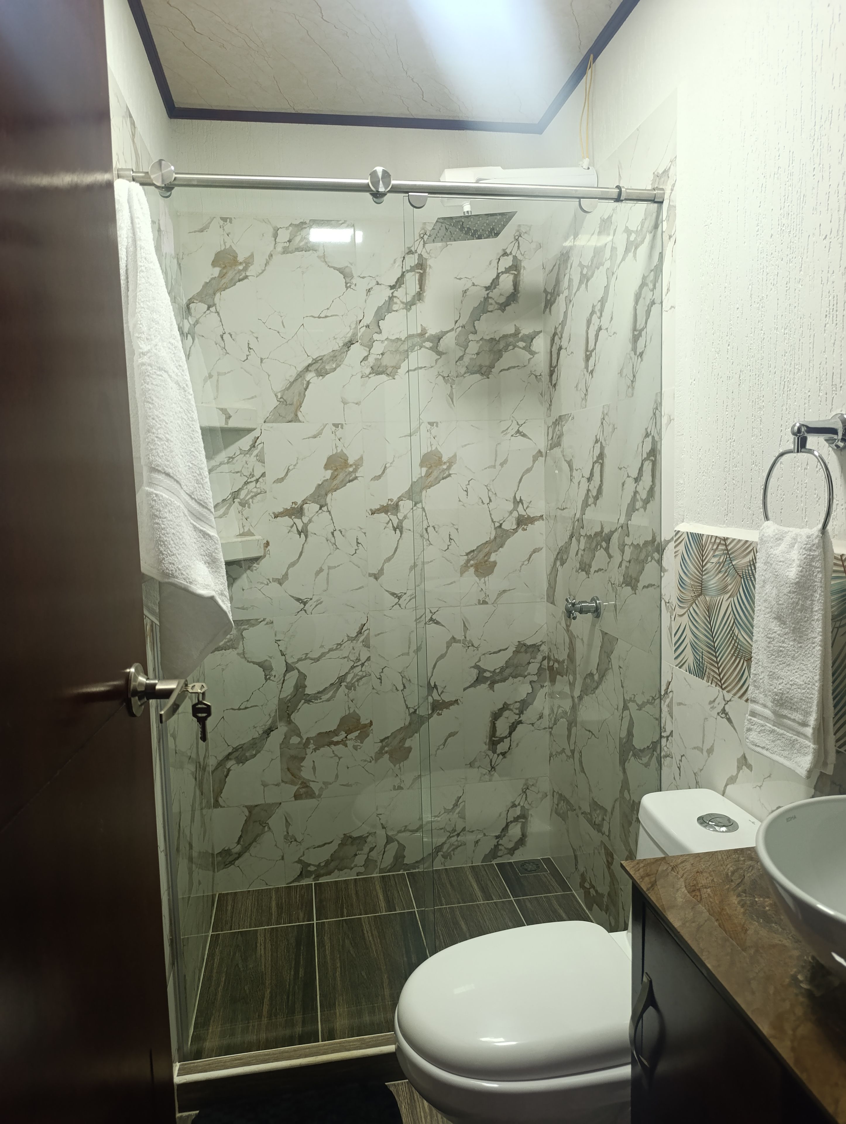 Une salle de bain avec douche, toilettes et lavabo.