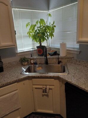 A kitchen with a granite countertop, a sink, a potted plant, and a window with blinds. - Beautiful Tri-Level. Spacious Comfort for Families and Groups. (El Paso)