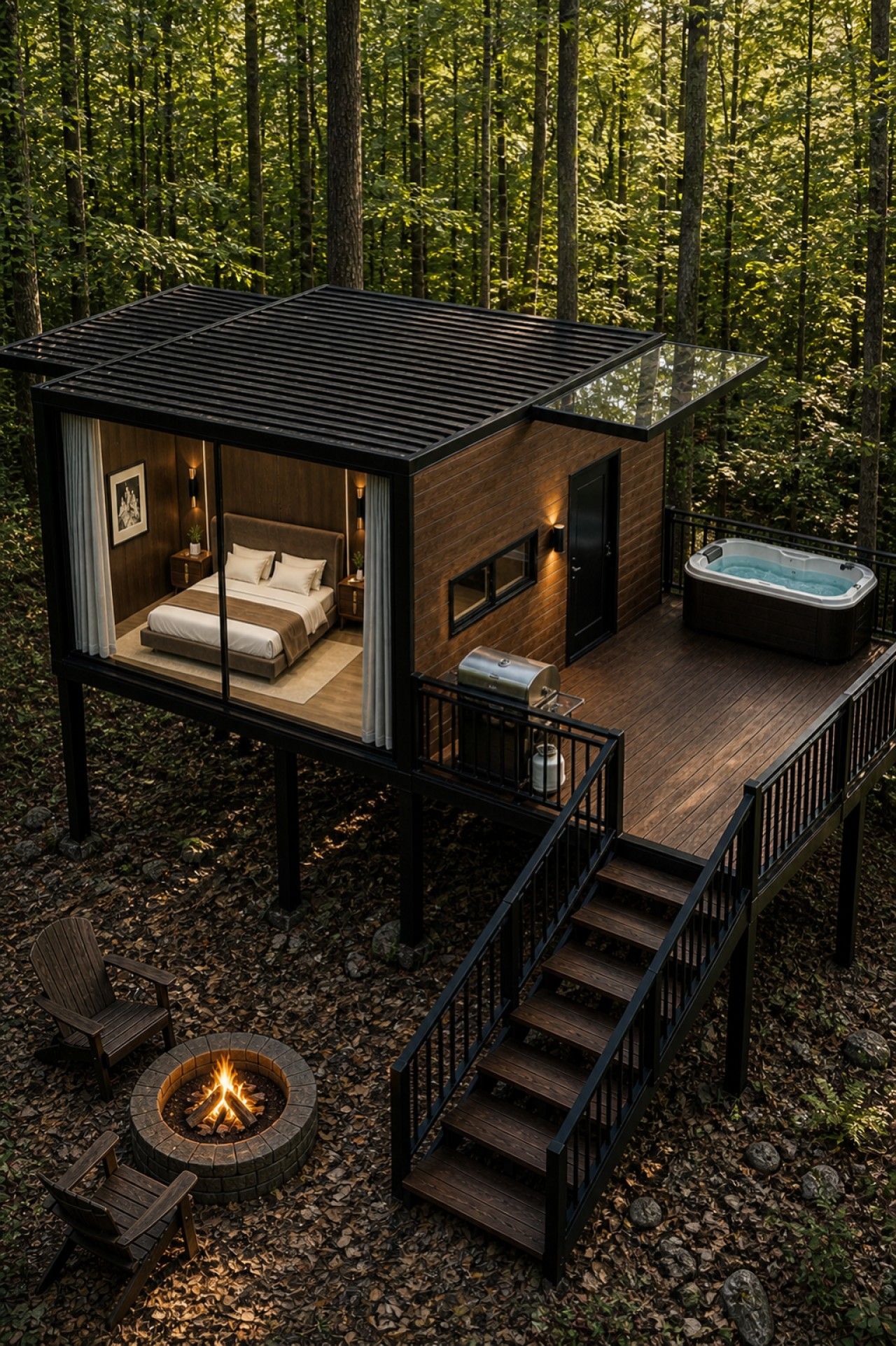 A cabin with a bedroom, a hot tub, and a fire pit.